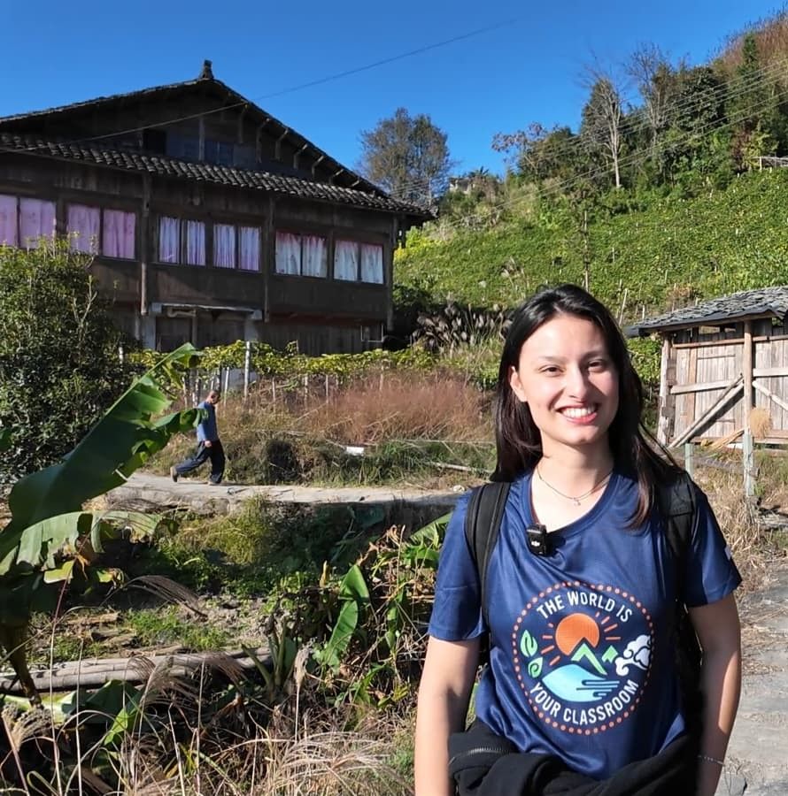 Jomiene Galstaun guiding students in Longsheng, China